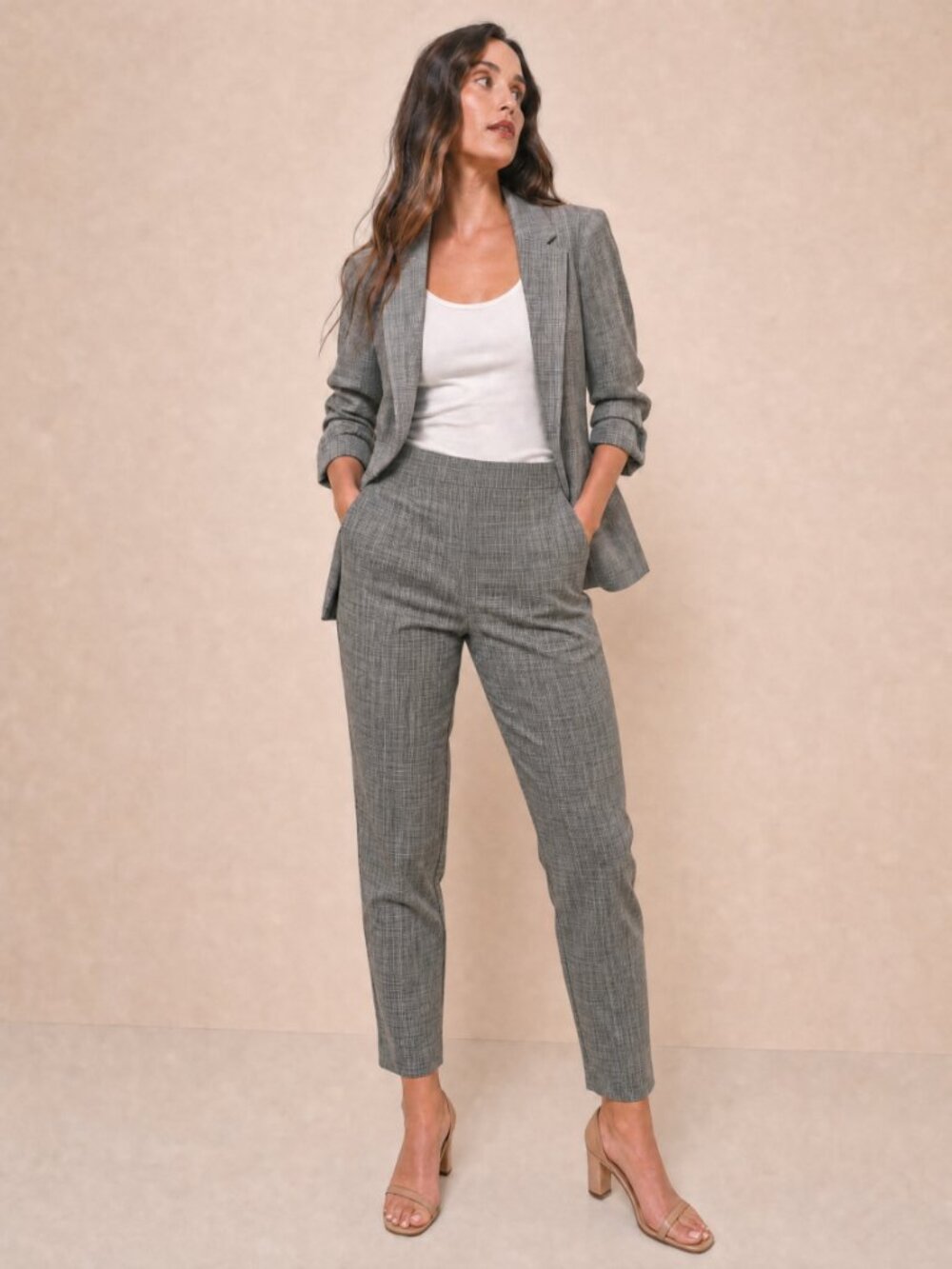 H&M NWT Gray Glen Plaid Suit Set Gathered Sleeve Blazer 4 + Tapered Pants 6